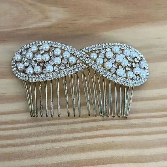No Brand Accessories - Silver Tone Rhinestone and Faux Pearls Hair Comb Hair Piece